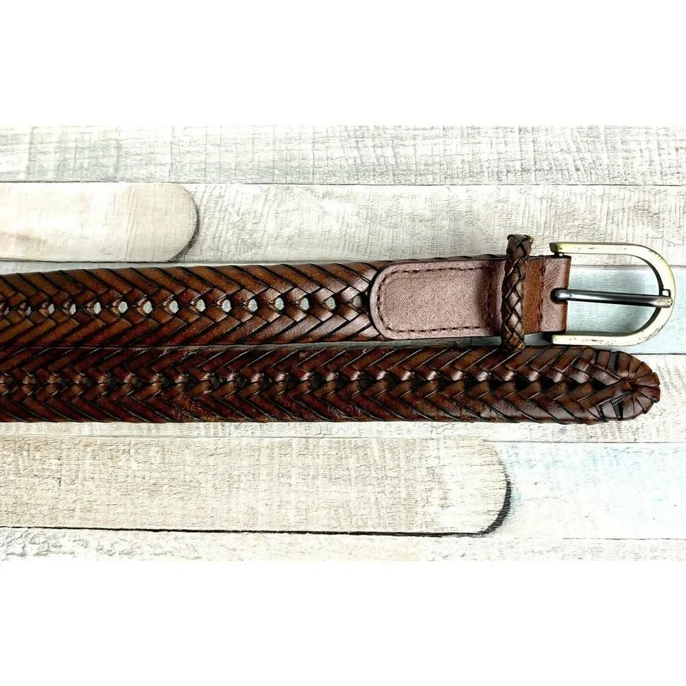 VINTAGE BRAIDED BROWN THICK BUCKLE GENUINE LEATHER CASUAL WOMEN`S BELT Sz L (50M